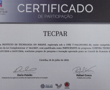 O Instituto de Tecnologia do Paraná (Tecpar) recebeu, nesta sexta-feira (28), o certificado de participação no Programa Tecnoparque, da Prefeitura Municipal de Curitiba.