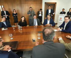 O governador Carlos Massa Ratinho Junior e o CEO da Volkswagen América Latina, Pablo Di Si, anunciam investimentos em ação social. Foto: Rodrigo Felix Leal/ANPr