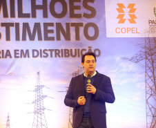 O governador Carlos Massa Ratinho Junior e o presidente da Copel, Daniel Pimentel Slaviero, anunciaram nesta sexta-feira (24) os investimentos da Companhia na região Oeste do Paraná para os próximos três anos. Foto: Jaelson Lucas/ANPr