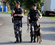 A soldado Angélica Aparecida Chuede é a primeira mulher a fazer parte da Companhia de Operações com Cães (COC) do Batalhão de Operações Especiais (BOPE), em 47 anos de criação da subunidade. A inclusão da militar estadual aconteceu com a formatura dela no Curso de Cinotecnia na última semana, que fez todas as etapas com seu cão Hunter.  -  Curitiba, 04/07/2019  =-  Foto: Soldado Amanda Morais