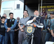 O governador Carlos Massa Ratinho Junior participou e deu as boas-vindas aos motoqueiros, presentes na benção em comemoração ao seu dia. Curitiba, 17-07-19.Foto: Arnaldo Alves / ANPr.