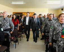 O governador Carlos Massa Ratinho Junior e o ministro da Justiça e Segurança Pública, Sergio Moro, visitam a Base da Força Nacional de Segurança Pública, em São José dos Pinhais.