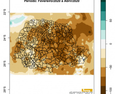 Anomalia trimestral de precipitação no Paraná de fevereiro a abril de 2020, indicando a memória hidrológica em cada região
Fonte: Simepar