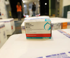 Um novo carregamento com 368.050 doses de vacinas contra a Covid-19 chega  no Centro de Medicamentos do Paraná (Cemepar), em Curitiba, na noite desta quinta-feira (15).  São 142.800 doses da CoronaVac/Butantan e 225.250 doses da vacina de Oxford/AstraZeneca/Fiocruz.Foto: Geraldo Bubniak/AEN